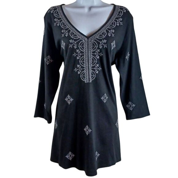 J. Jill Boho Embroidered Tunic Chic Top Sz M Black Boho V-Neck 3/4 Sleeve Cotton - Picture 2 of 9